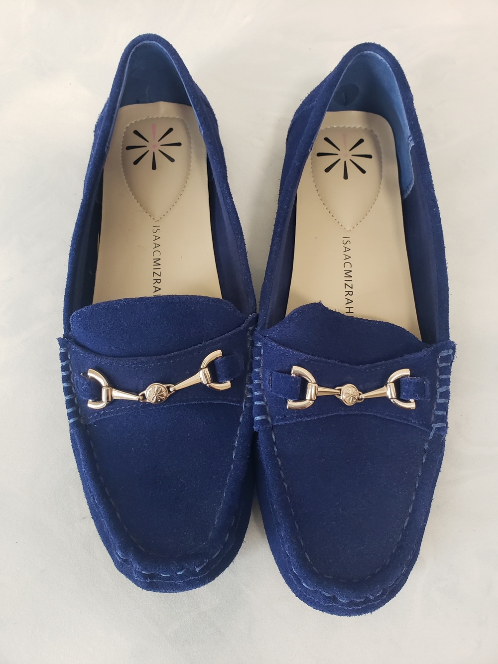 Isaac Mizrahi Deep Blue Suede Loafers with Gold-Tone Bit